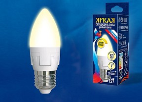 Лампа светодиодная Uniel Яркая Dim  арт. LED-C37 7W/3000K/E27/FR/DIM PLP01WH картон