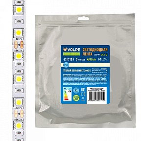 Лента светодиодная Volpe ULS-Q320 белый арт. ULS-Q320 2835-60LED/m-8mm-IP20-DC12V-4,8W/m-5M-3000K катушка в герметичной упаковке