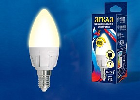Лампа светодиодная Uniel Яркая Dim  арт. LED-C37 7W/3000K/E14/FR/DIM PLP01WH картон