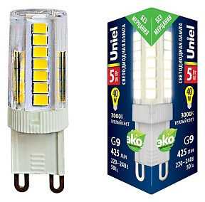 Лампа светодиодная Uniel   арт. LED-JCD-5W/3000K/G9/CL GLZ09TR картон