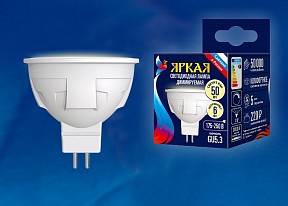Лампа светодиодная Uniel Яркая Dim  арт. LED-JCDR 6W/WW/GU5.3/FR/DIM PLP01WH картон