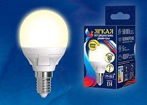 Лампа светодиодная Uniel Яркая Dim  арт. LED-G45 7W/3000K/E14/FR/DIM PLP01WH картон