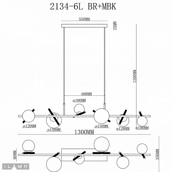 Подвесной светильник iLamp Golden латунь арт. 2134-6L BR+MBK