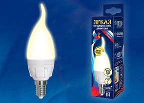 Лампа светодиодная Uniel Яркая Dim  арт. LED-CW37 7W/3000K/E14/FR/DIM PLP01WH картон