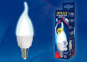 Лампа светодиодная Uniel Яркая Dim  арт. LED-CW37 7W/4000K/E14/FR/DIM PLP01WH картон