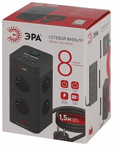 Сетевой фильтр Эра  черный арт. TWR-8es-1,5m-4USB-B