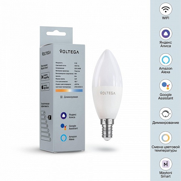 Лампа светодиодная Voltega Wi-Fi bulbs  арт. VG-C37E14cct-WIFI-5W