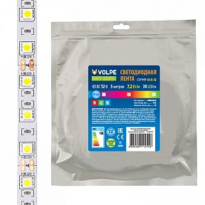 Лента светодиодная Volpe ULS-Q210 белый арт. ULS-Q210 5050-30LED/m-10mm-IP20-DC12V-7,2W/m-5M-RGB катушка в герметичной упаковке