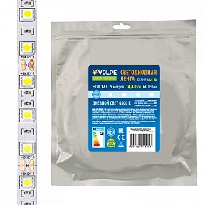 Лента светодиодная Volpe ULS-Q221 белый арт. ULS-Q221 5050-60LED/m-10mm-IP20-DC12V-14,4W/m-5M-RGB катушка в герметичной упаковке