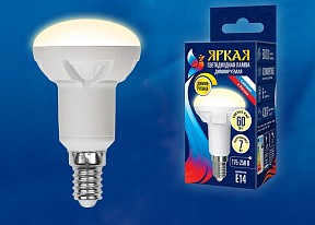 Лампа светодиодная Uniel Яркая Dim  арт. LED-R50 7W/3000K/E14/FR/DIM PLP01WH картон