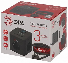 Сетевой фильтр Эра  черный арт. CUBE-3es-1,5m-4USB-B