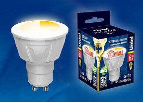 Лампа светодиодная Uniel Яркая Dim  арт. LED-JCDR 6W/WW/GU10/FR/DIM PLP01WH картон