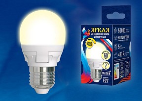 Лампа светодиодная Uniel Яркая Dim  арт. LED-G45 7W/3000K/E27/FR/DIM PLP01WH картон