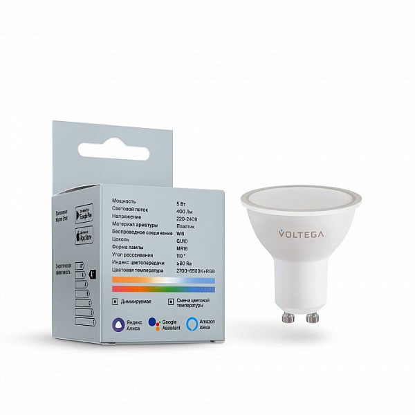 Лампа светодиодная диммируемая Voltega Wi-Fi bulbs  арт. VG-MR16GU10RGB_cct-WIFI-5,5W